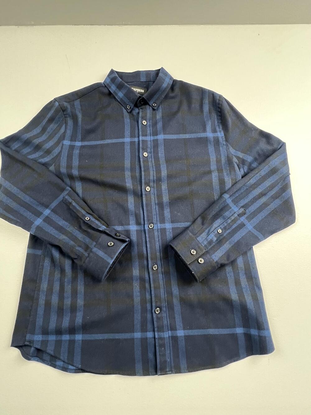 Express Shirt Mens Large Blue Plaid Flannel Button Down Long Sleeve Casual
